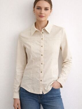 Zara Off-White Linen Blend Button-Up Blouse